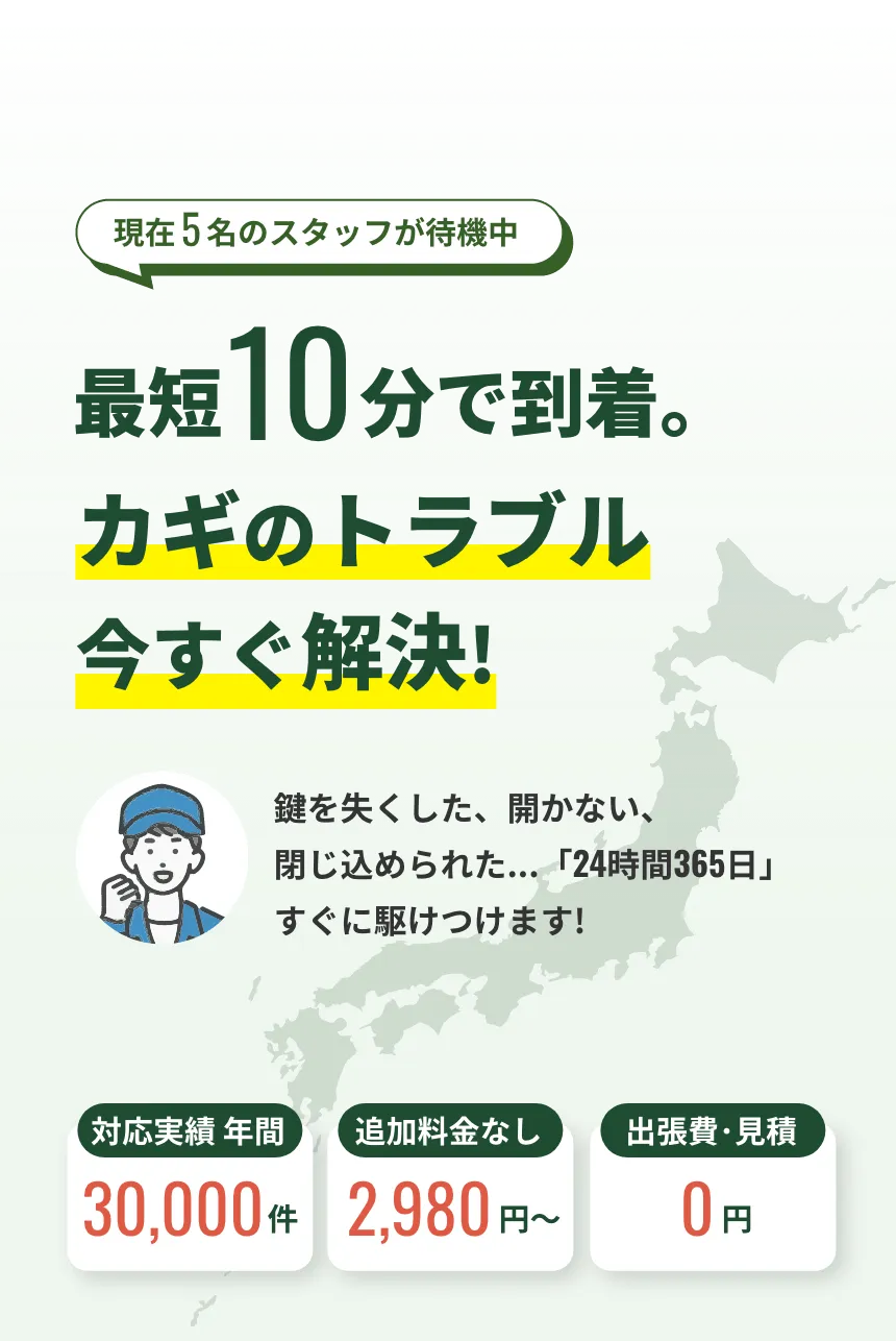 最短10分で到着。カギのトラブル今すぐ解決！対応実績は年間30,000件以上、追加料金なしの2,980円〜、出張･見積もり無料